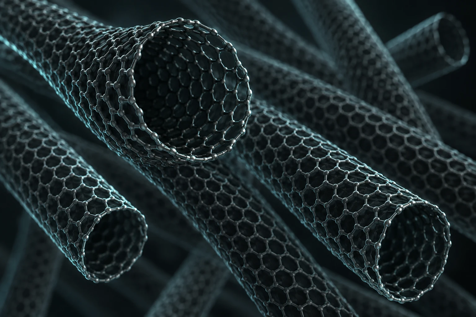 Conceptual illustration of hollow carbon nanotubes with lattice walls, viewed at an oblique angle.