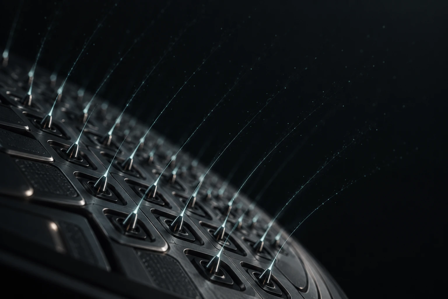 Artistic concept of a dark micro-emitter array with fine cyan trajectories extending into space.